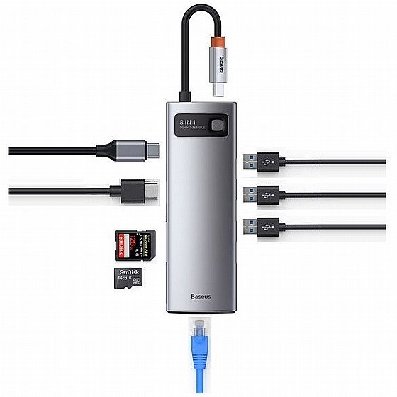 ���� 8 � 1 ������ TYPE C ������ HDMI + ����� RJ45 + ����� TYPE C + ����� USB 3.0*3 + ���� ����� SD + ���� ����� Micro SD ���� BASEUS